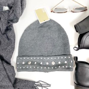 MICHAEL KORS Knit Cuff Silver Studded Grey Cuffed Beanie